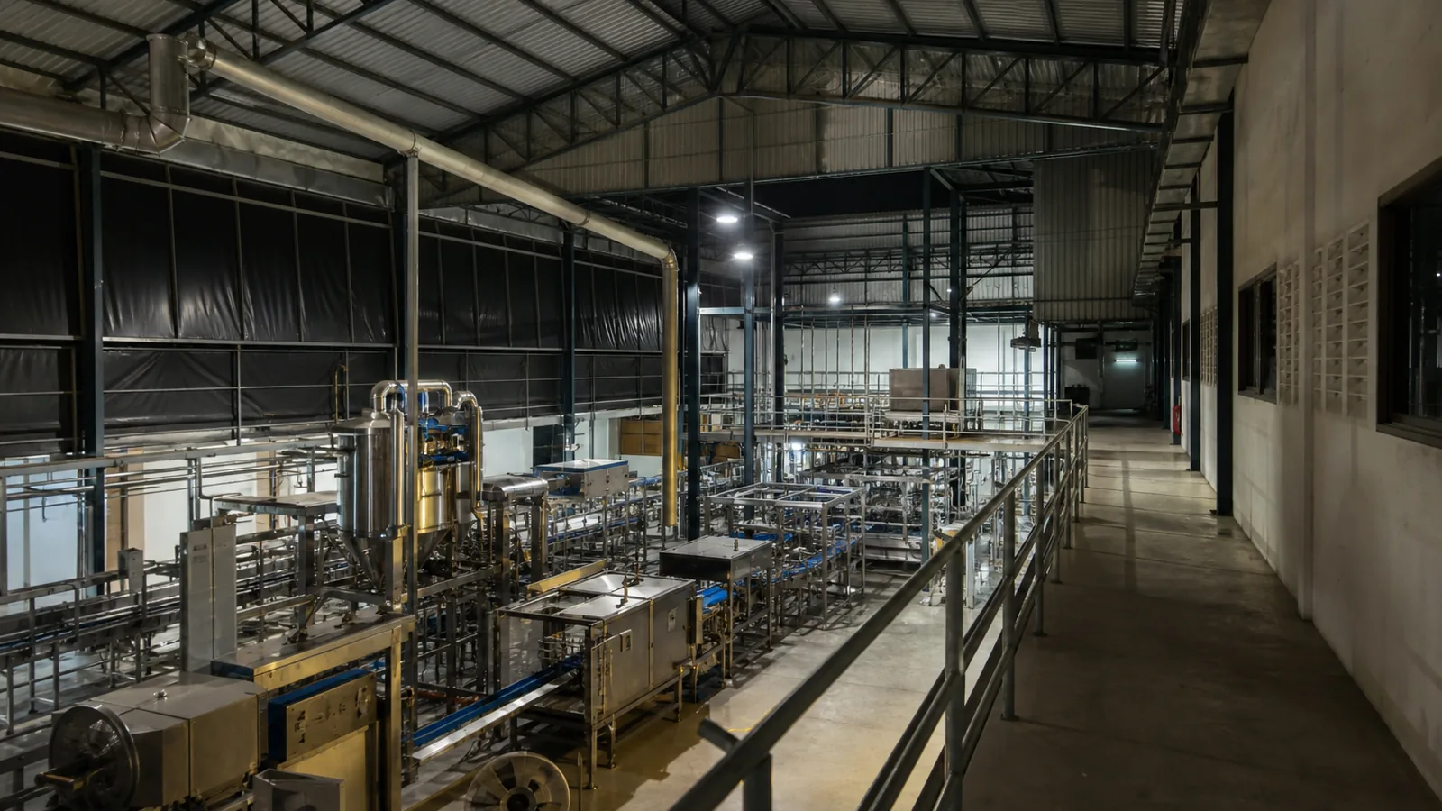 A factory production line lit up and running at night, viewed from an interior walkway.