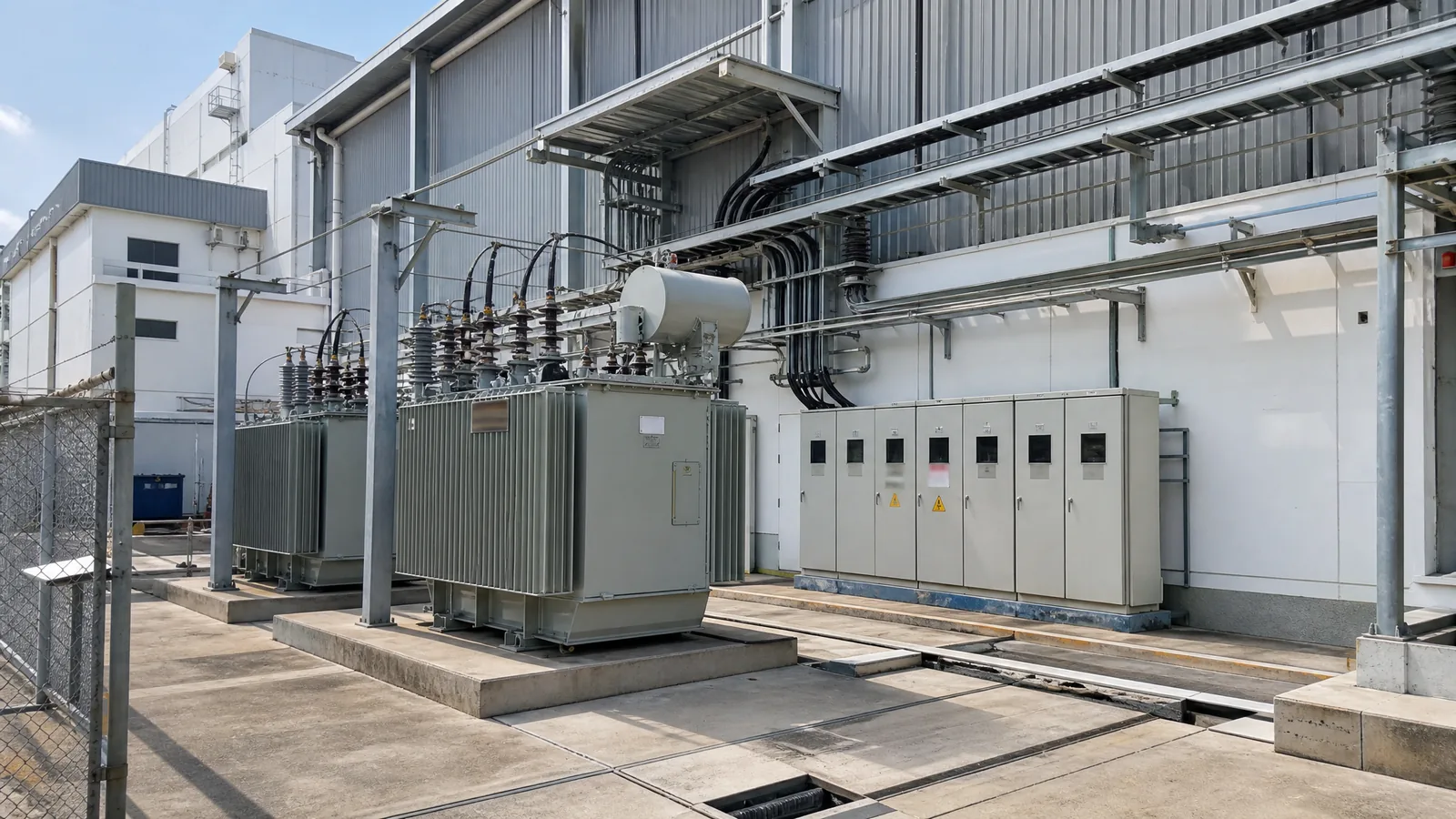 Transformer yard and main switchboard in front of a factory building, with power cables running into the building in daylight