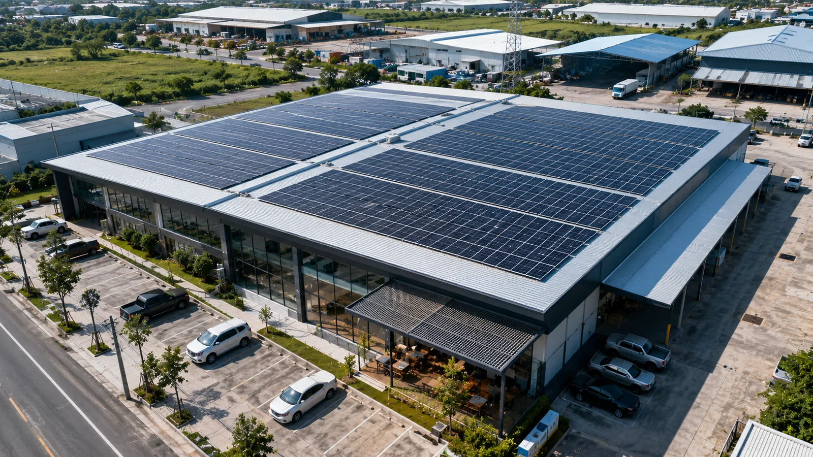 ธุรกิจ + อาคารพาณิชย์ — Modern commercial building with solar rooftop