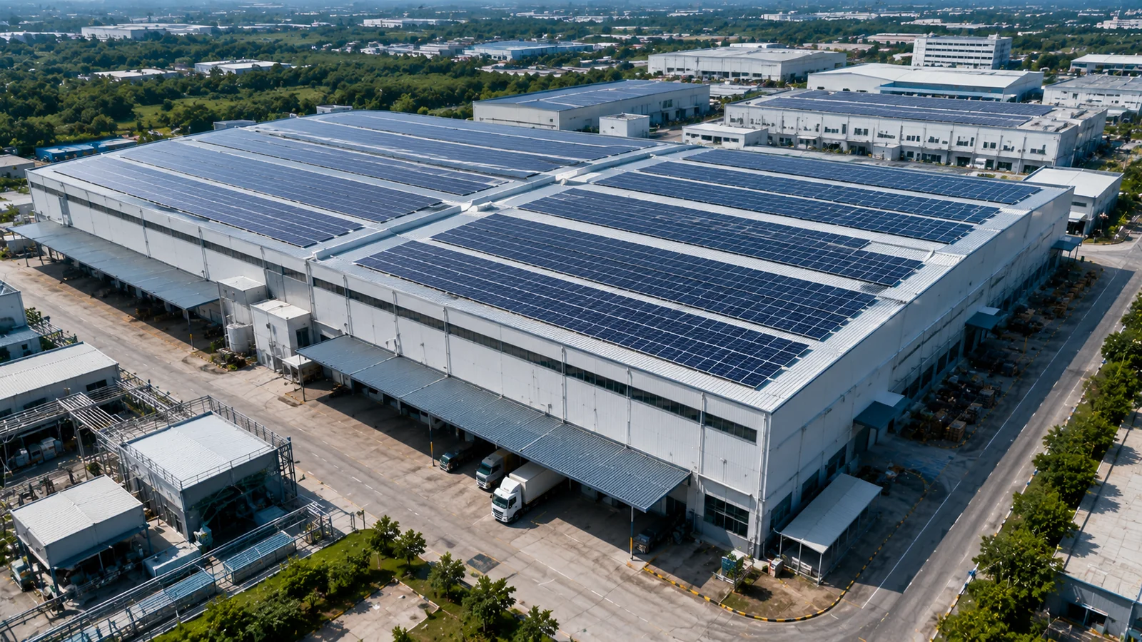 โรงงานอุตสาหกรรม — Large-scale factory with solar panels
